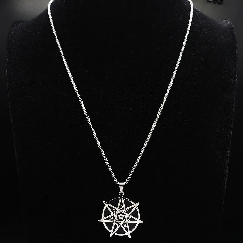 Seven-Pointed Star Heptagram Pendant Necklace — Steel