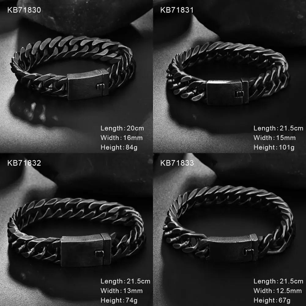 Fongten Retro Black Bracelet For Men Cuban Chain Stainless Steel Heavy Wide Curb Bracelets Bangle Male Jewelry