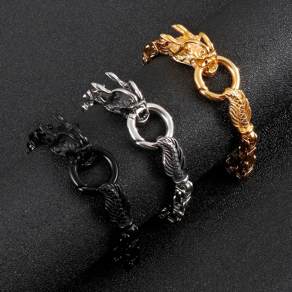 Dragon Head Byzantine Double Link Bracelet — Stainless Steel