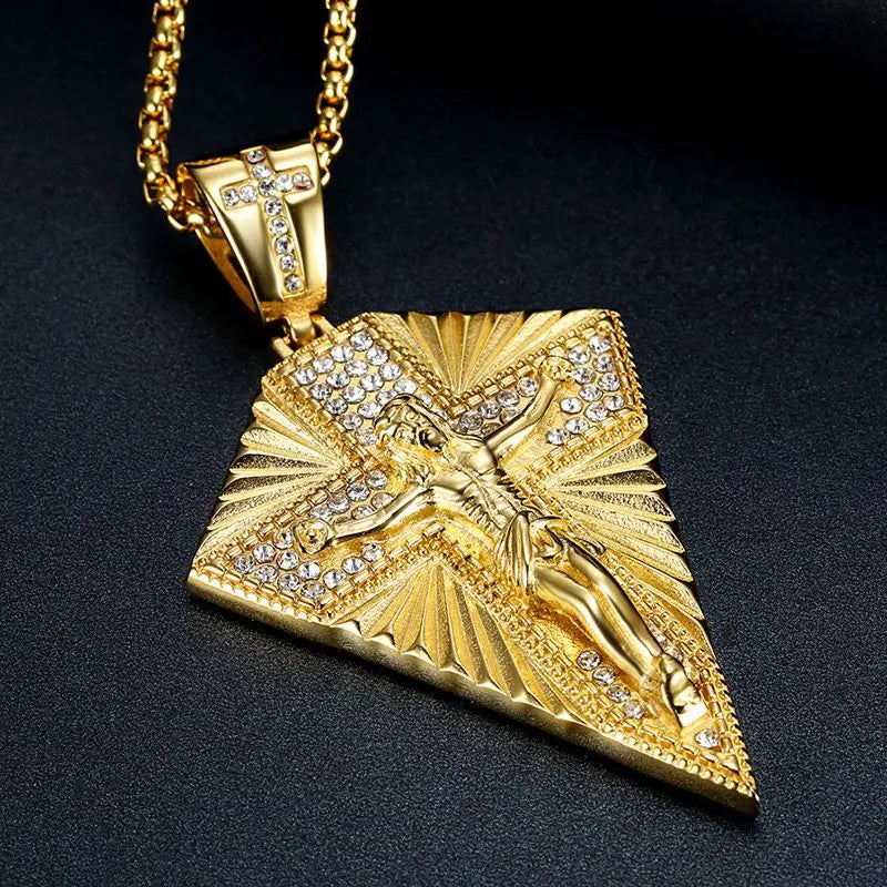 Men's Necklace Big Jesus Cross Pendant & Chain Mens Gold Color Stainless Steel Crucifix Necklaces Man Iced Out Bling