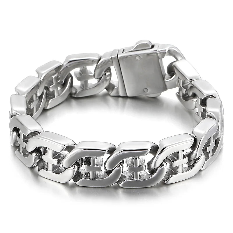 Fongten 21cm Cross Bracelets For Men Stainless Steel Cuban Link Chain Wristband Bangle Bracelets Silver Color Male