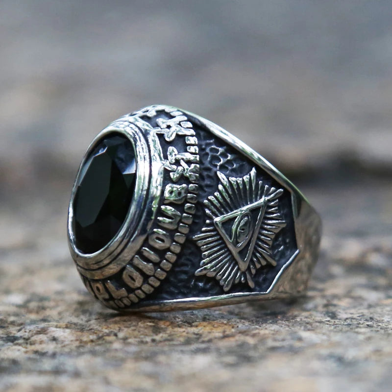 Vintage Gothic Style Big Black Red Blue Stone Ring For Men And Women Stainless Steel All Seeing Eyes Ring Baphomet Pagan Jewelry