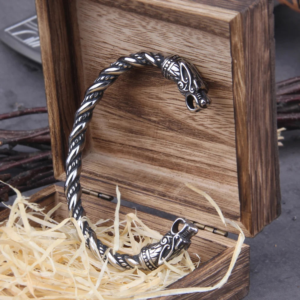 Gray Color Stainless Steel Nordic Viking Norse Dragon Bracelet Men Wristband Cuff Bracelets with Viking Wooden Box