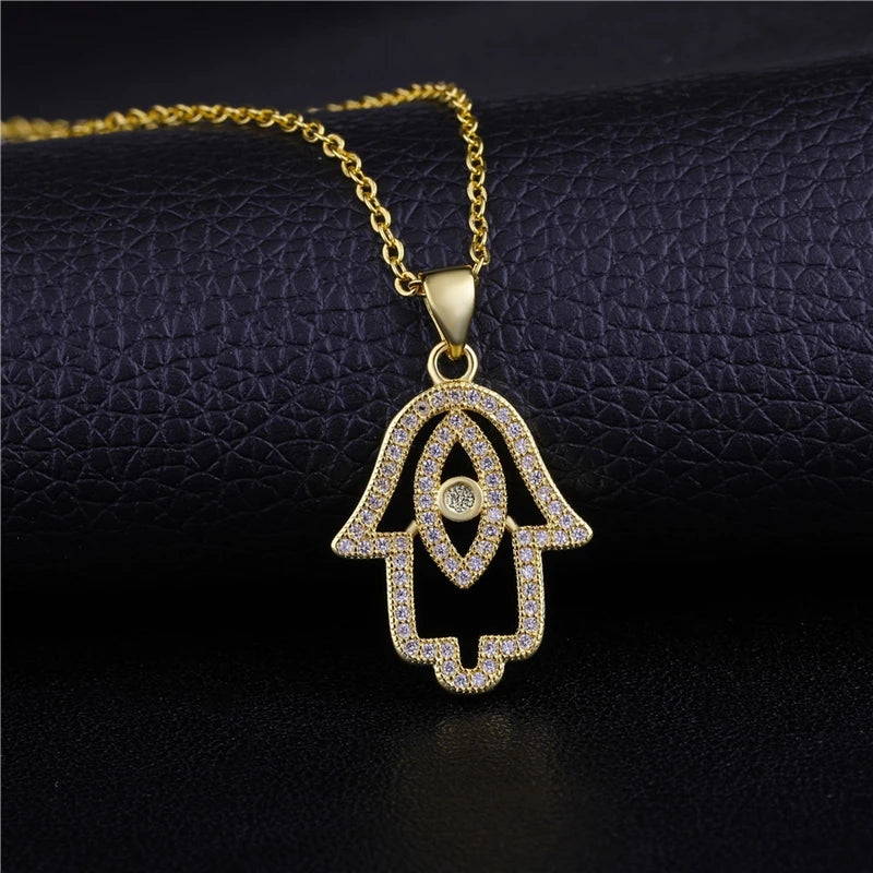 Iced Out Evil Eye Hamsa Hand of Fatima Necklace — Copper Alloy