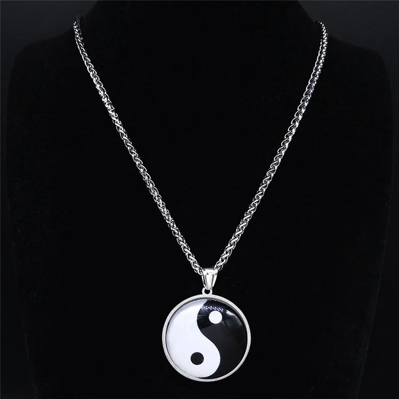 Yin Yang Glass Pendant — Silver Stainless