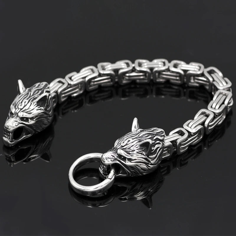 Men's Stainless Steel Viking Wolf Head Bracelet Vintage Personality Thick Chain Biker Punk Hip Hop Wristband Jewelry