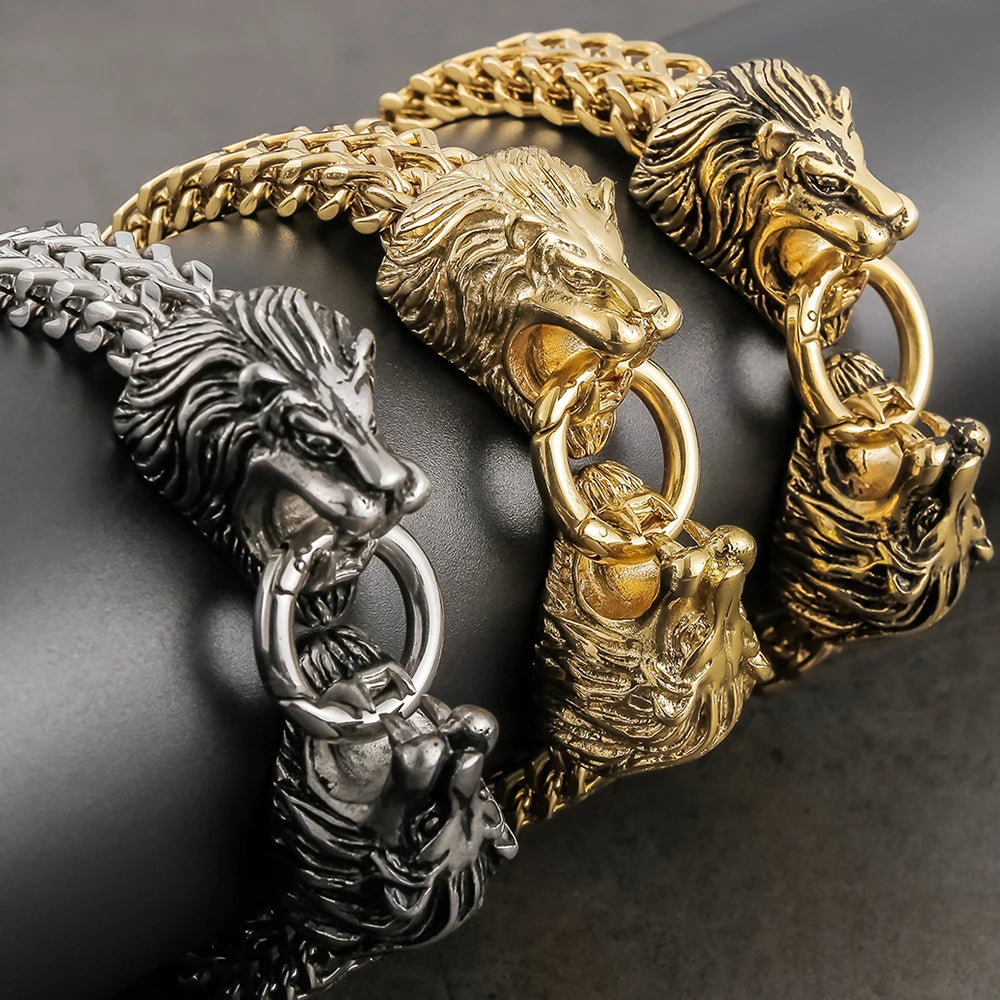 Cool Lion Head Bracelet Men Figaro Link Chain Mens Cuff Bracelets Heavy Solid Stainless Steel Male Jewelry Bangles