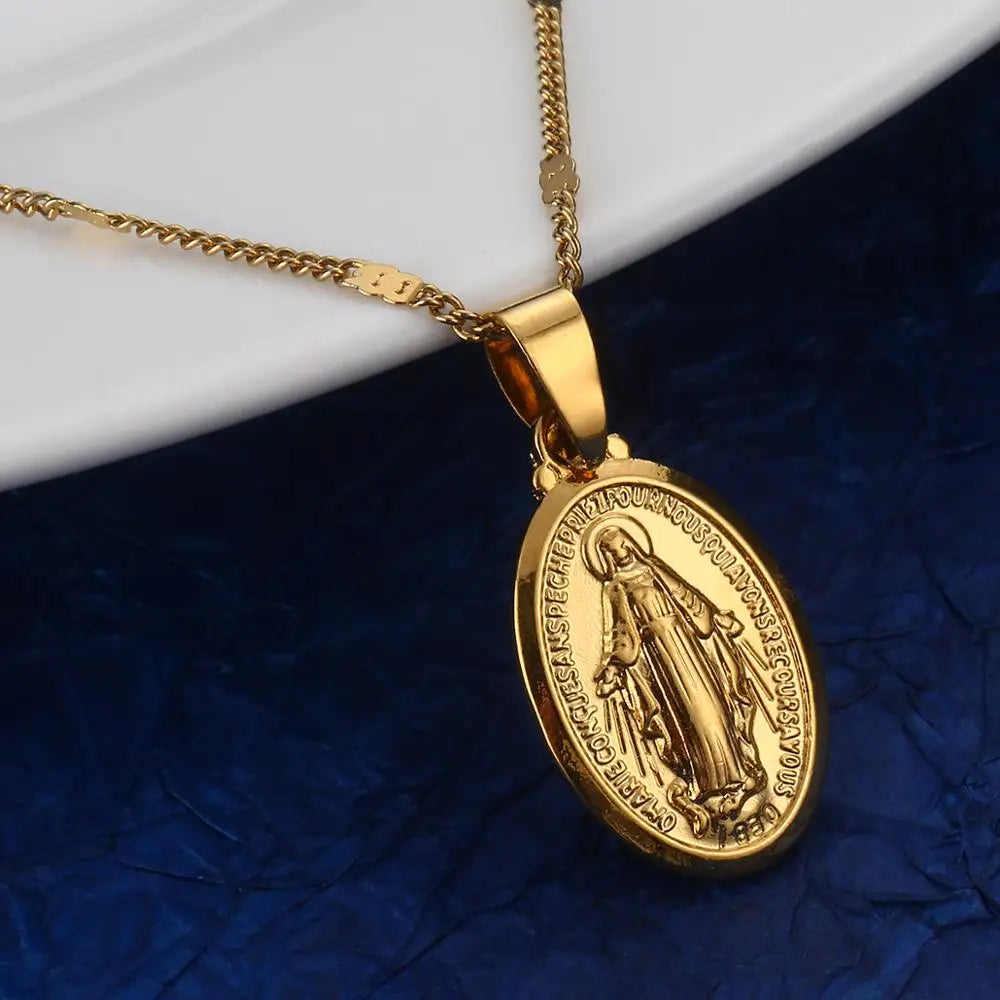 Virgin Mary Pendant Necklace for Women Girls Gold Color Cross Trendy Chain Jewelry