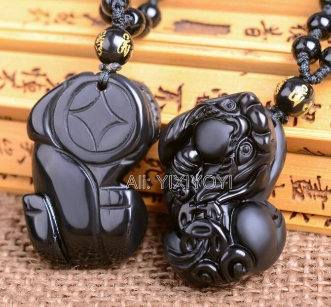 Beautiful Chinese Handwork Natural Black Obsidian Carved PiXiu Lucky Amulet Pendant + free Beads Necklace Fashion