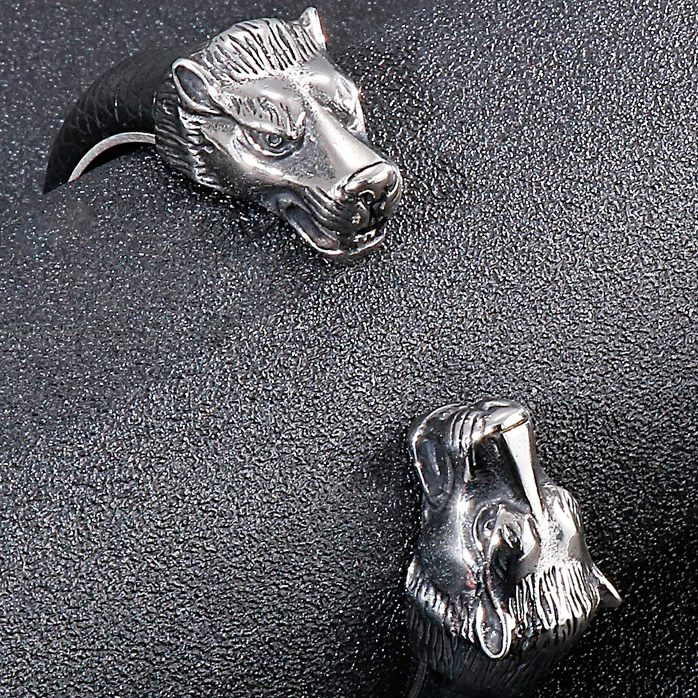 Stainless Steel Wolf Head Cuff Open Bangle Bracelet Man Black Leather Elastic Adjustable Boys On Hand Bracelets Men‘s