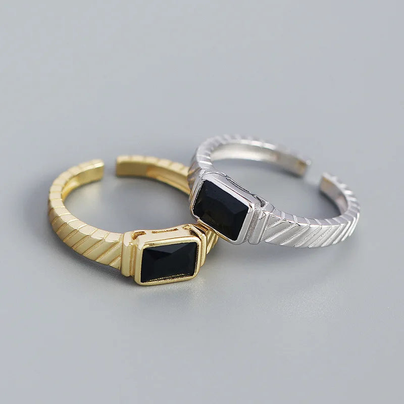 WANTME Silver Men Ring Punk Black Square 925 Sterling Silver Gothic Adjustable Rings for Women Simple Fine Hip Hop