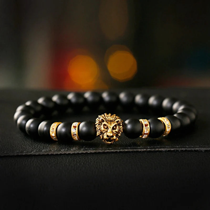 Classic Lion Head Beaded Bracelet — Black Matte & Color Beads