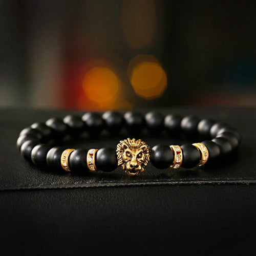 Classic Lion Head Beaded Bracelet — Black Matte & Color Beads
