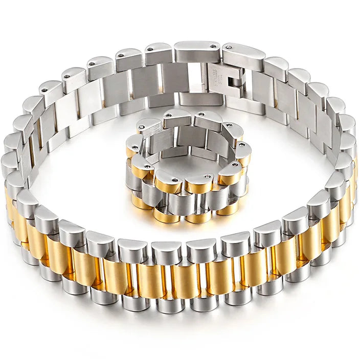 Gold Color 16MM Wide Watch Strap Link Chain Bracelet Men Stainless Steel Mens Bracelets Male Jewellery Accessories