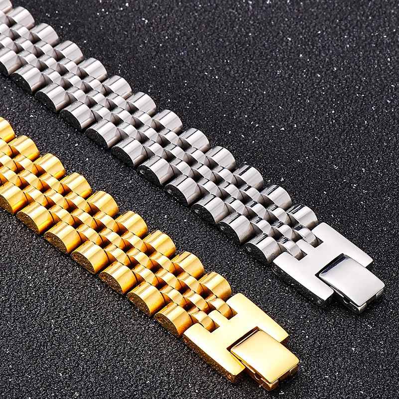 Gold Color Stainless Steel Man Bracelet for Women 15MM Wide Length Adjustable Chain Bracelets Men's Mannen Armband
