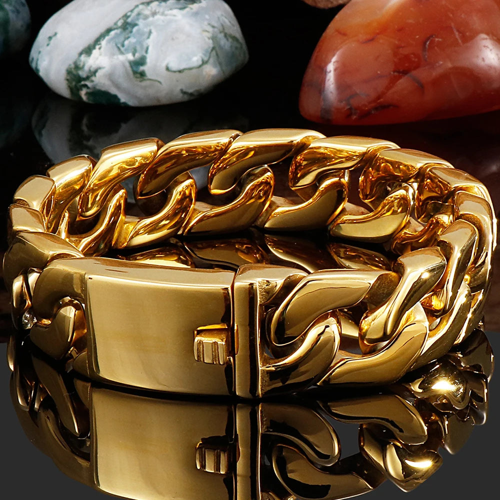 Polished Gold Color Bracelet For Man In Stainless Steel Mannen Armband Boys Hand Bracelets Massive Men's Jewelry