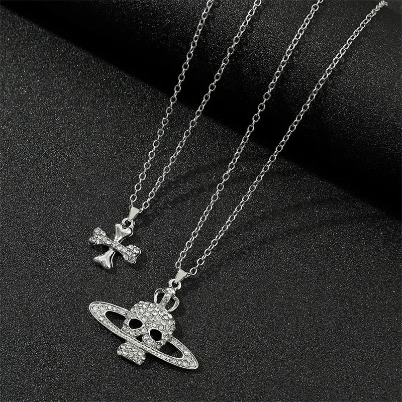Gothic Halloween Necklace Inlaid Rhinestone Skull Saturn Pendant Double Chain Necklace Trend Men's and Women's Jewelry