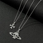 Gothic Halloween Necklace Inlaid Rhinestone Skull Saturn Pendant Double Chain Necklace Trend Men's and Women's Jewelry