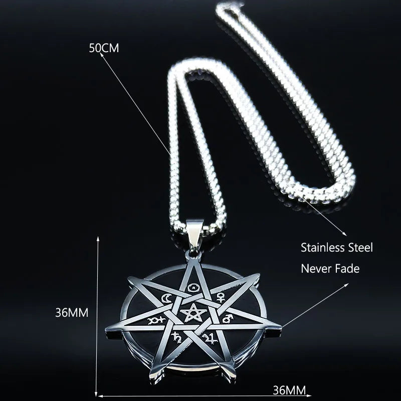 Seven-Pointed Star Heptagram Pendant Necklace — Steel