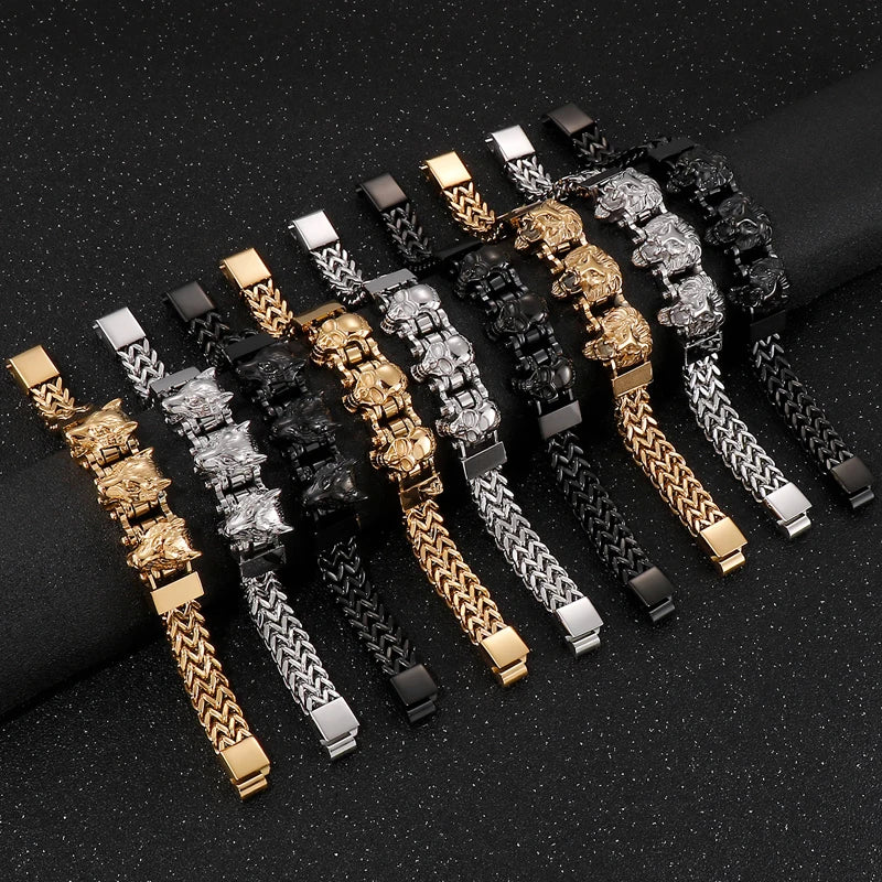 Gold Color Stainless Steel Chain Bracelet for Man Punk Gothic Skull Wristband With Magnetic Clasp Animal Head Homme
