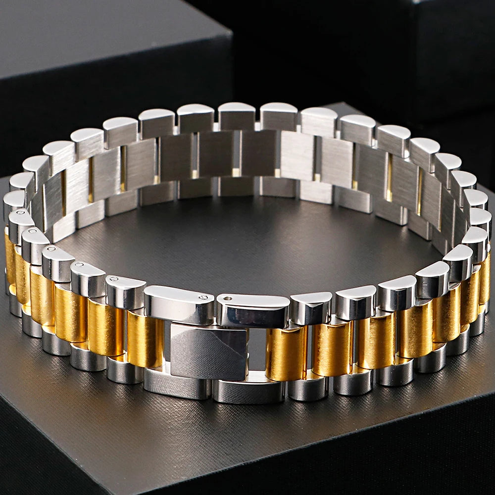 Gold Color 16MM Wide Watch Strap Link Chain Bracelet Men Stainless Steel Mens Bracelets Male Jewellery Accessories