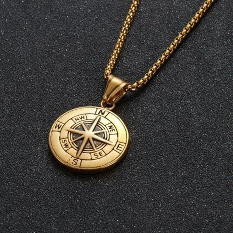 New Retro Viking Viking Round Compass Pattern Pendant Necklace Men's Necklace Fashion Metal Sliding Pendant  Jewelry Accessories