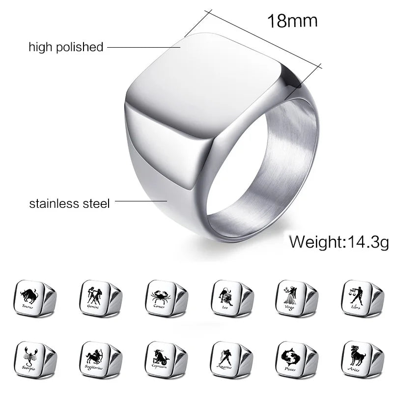 Vnox 18mm Signet Ring For Men Women, The Zodiac 12 Horoscope Constellation Sign Finger Band, Stainless Steel Aries Punk