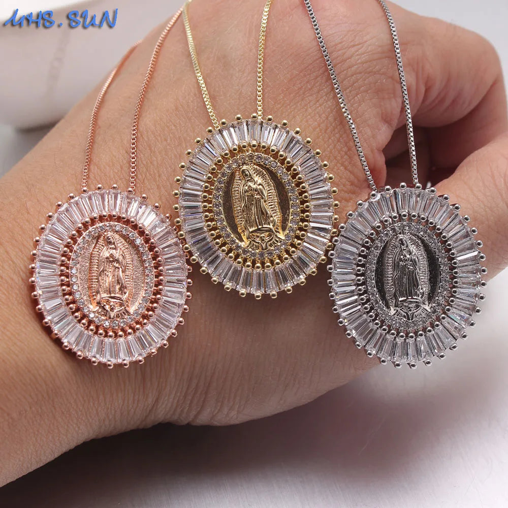 Iced Out Virgin Mary Gold Pendant Necklace
