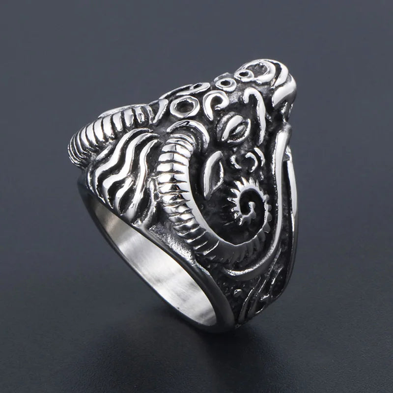 Vintage Gothic Sheep Goat Head Ring for Men Cool Heavy Metal Animal Stainless Steel Ring Fashion Male Punk Biker Rings Jewelry