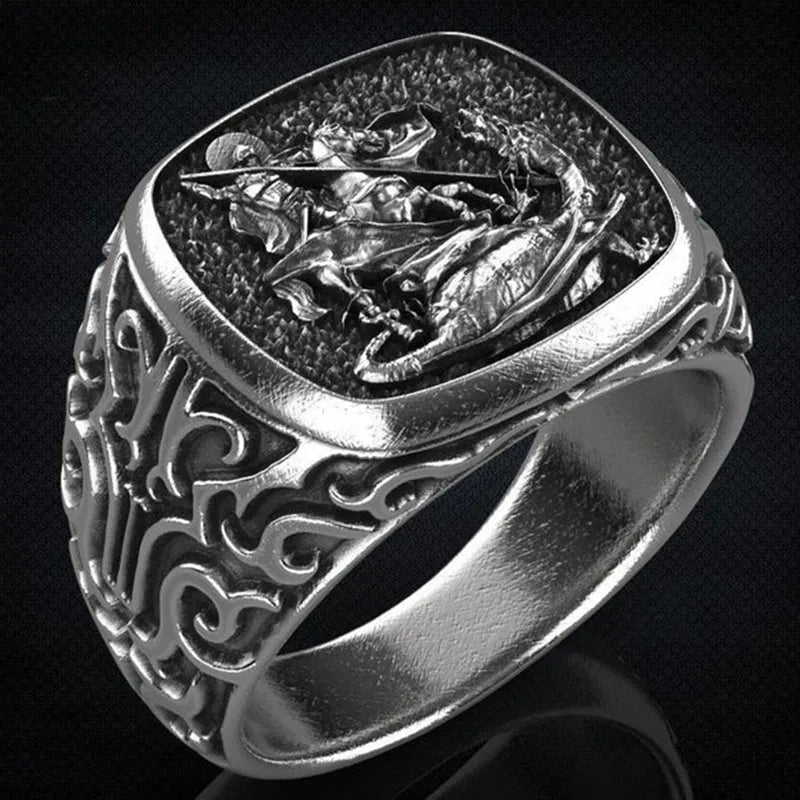 2023 New Trend Dragon Slaying Hero Saint George Rings European American Mythical Thai Silver Retro Stainless Steel