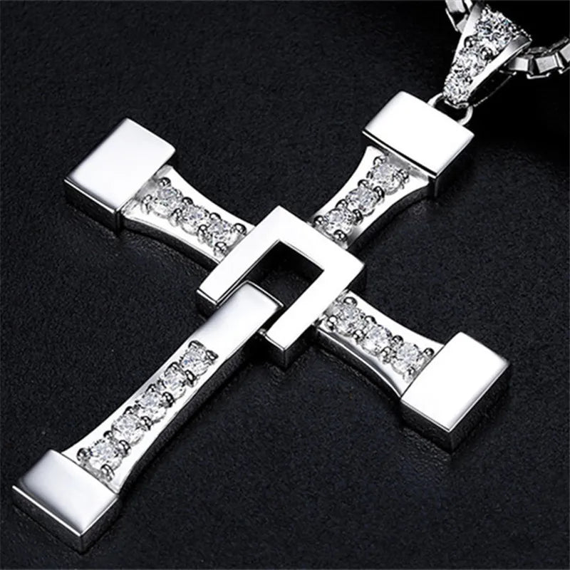 Fast and Furious Cross Necklace Dominic Toretto Cross Rhinestone Pendant Necklace Titanium Stainless Steel Necklace for Men
