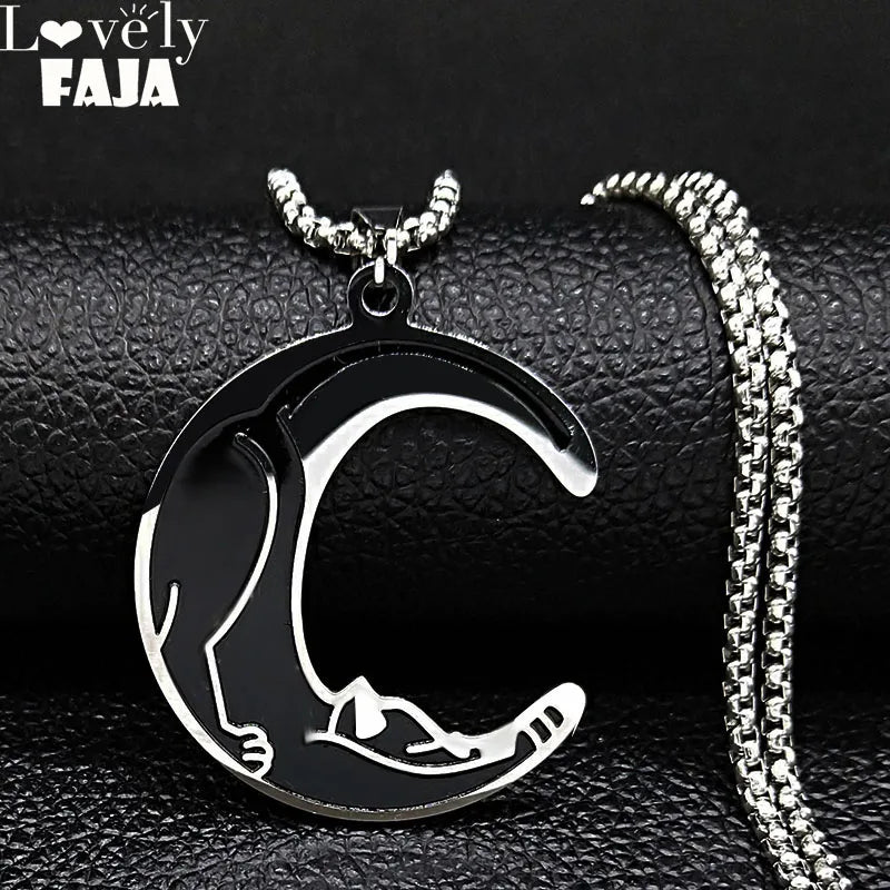 Moon Cat Black Enamel Necklace — Silver