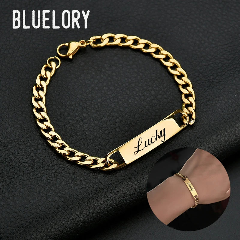 Bluelory Punk Stainless Steel Laser Engraved Name Custom Bracelets For Men Women Anniversary Gift