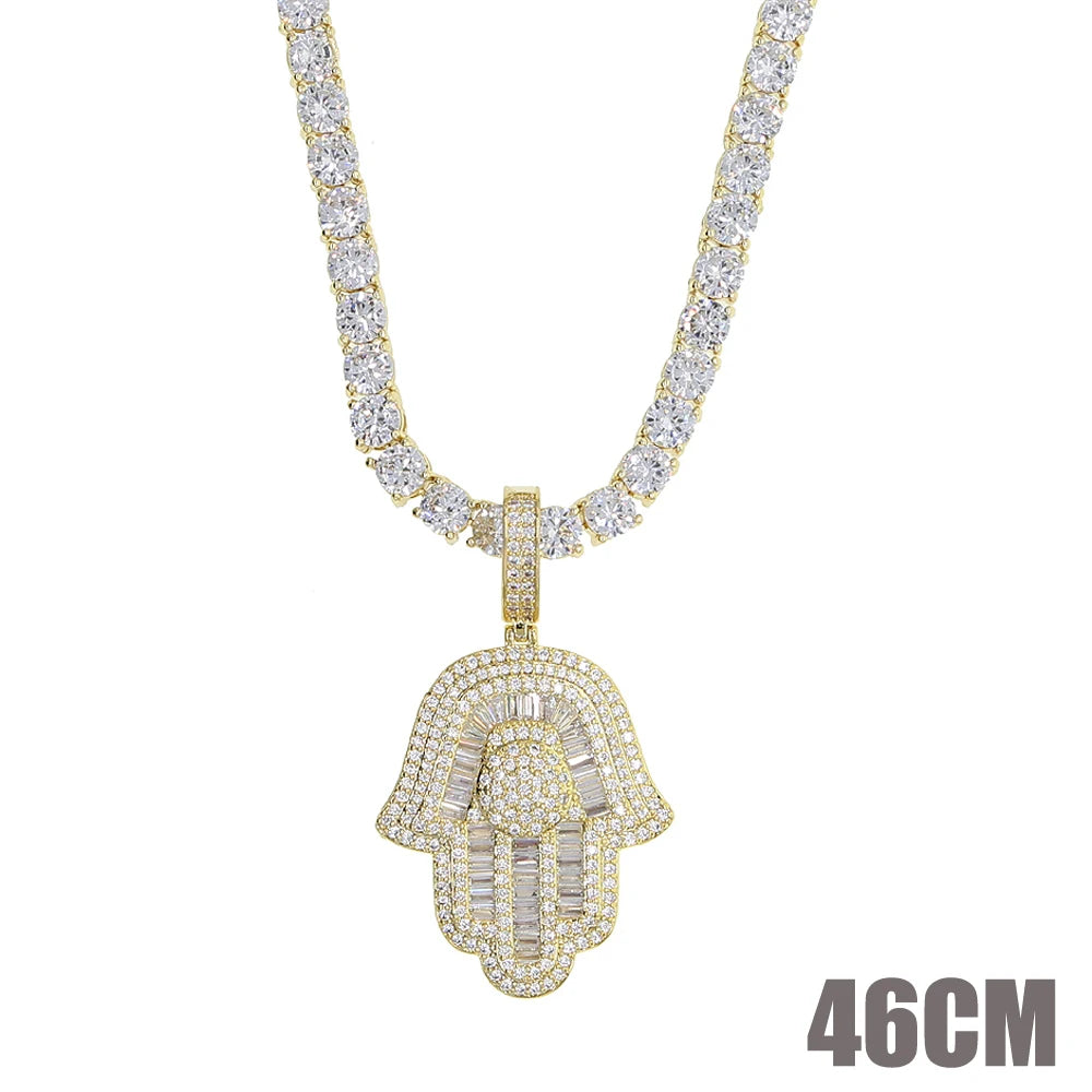 New Hamsa Hand Pendant Necklace 5mm Tennis Chain Hip Hop Iced Out Cubic Zirconia Sliver Color 5A CZ Stone Charm Jewelry
