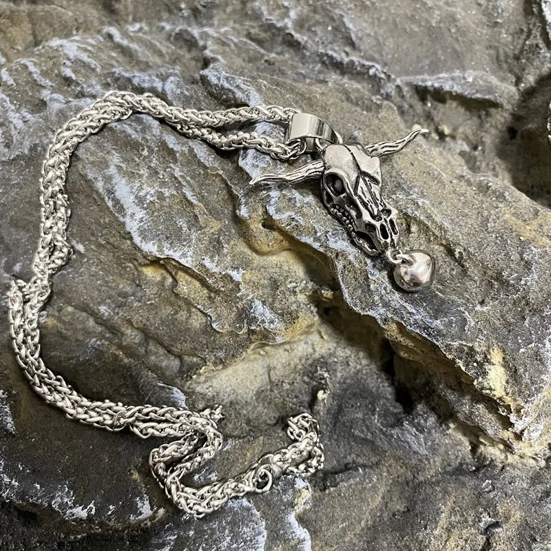 Bull Skull Bell Pendant Necklace — Stainless Steel