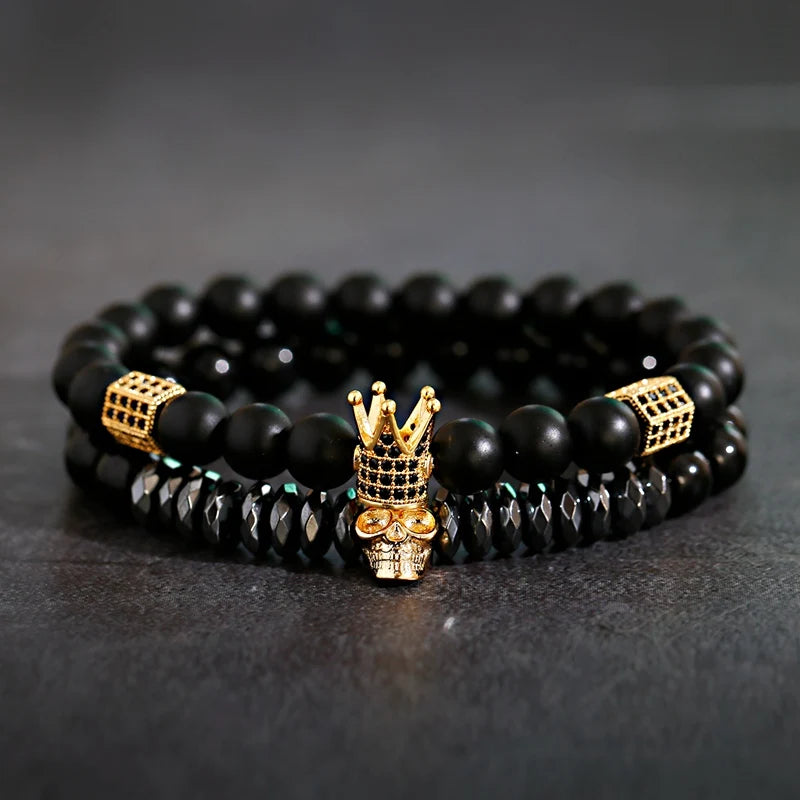 Luxury Men Stone Beads Skull Erkek Bileklik Bracelet Set Black CZ Crown Copper Bracelets For Women Pulseras Mujer