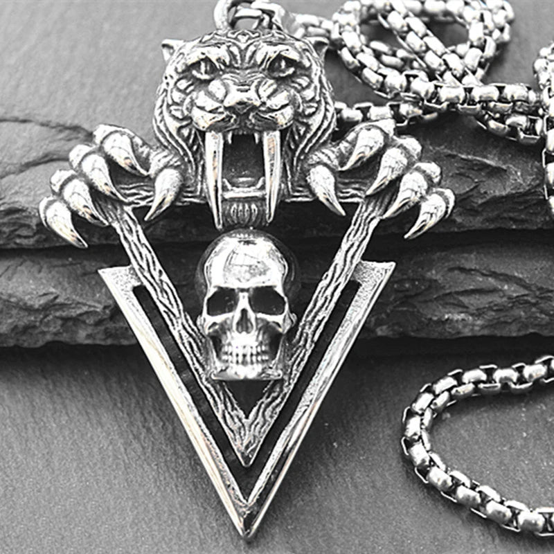 Tiger Tooth Skull Pendant Necklace — Stainless Steel