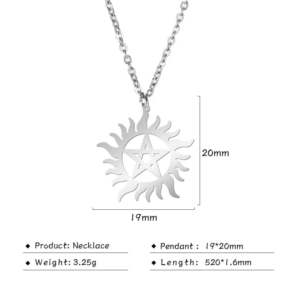 COOLTIME Supernatural Sun Pentagram Pendant Necklace for Women Men Stainless Steel Hollow Star  Box Chain Necklaces Couple Gifts
