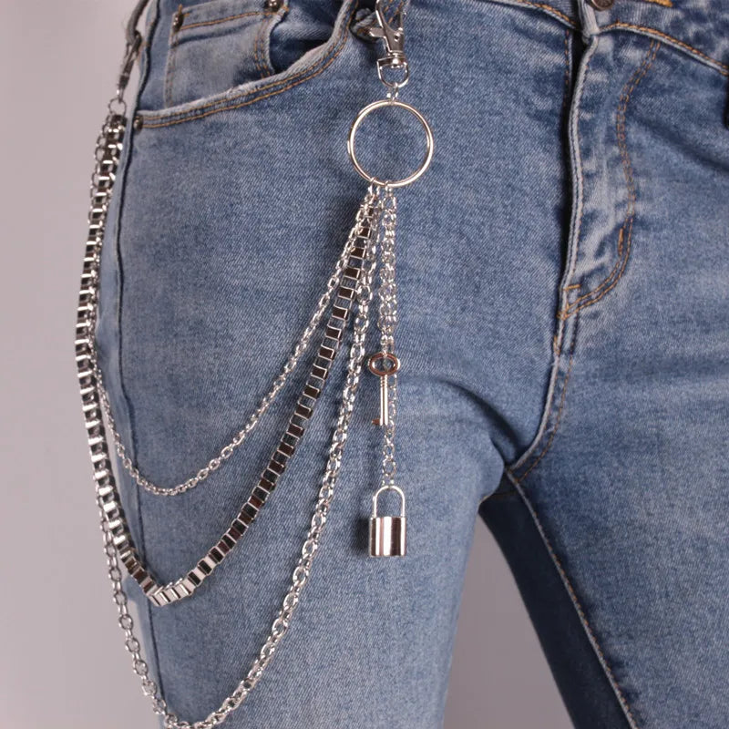 DIEZI Harajuku Vintage Car Jeans Pants Key Chain Ring Women Men Hip Hop Silver Color Lock Key Tassel Chain Pendant Chain For Bag