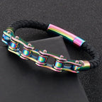 Men's Bike Motorcycle Link Chain Bracelet Man Braided Leather Cuff Bracelets Black Cowhide Weave Rider Armband Male