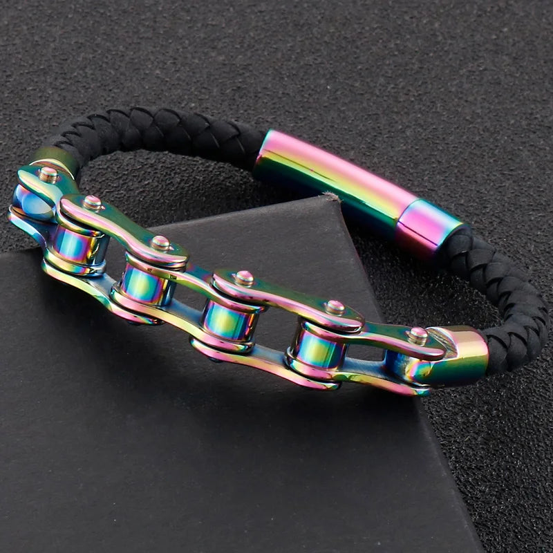 Men's Bike Motorcycle Link Chain Bracelet Man Braided Leather Cuff Bracelets Black Cowhide Weave Rider Armband Male