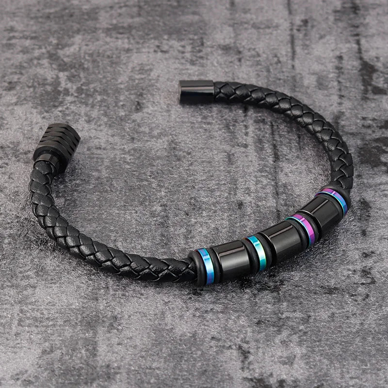 Punk Threaded Button Metal Weaving Bracelet for Men Women Stainless Steel Twining Classic Style Charm Black High Quality
