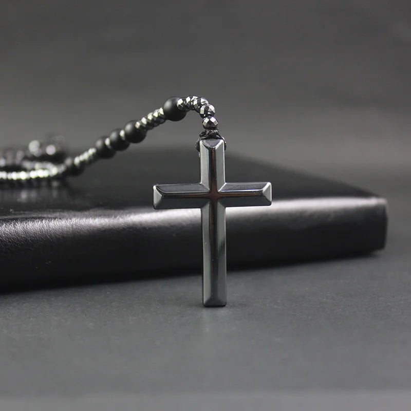 New Arriveal Matte Black Stone Beads with Hematite Faced Beads Cross Pendant Necklace Mens Jewelry Rosaray NSN013