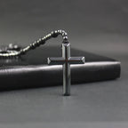 New Arriveal Matte Black Stone Beads with Hematite Faced Beads Cross Pendant Necklace Mens Jewelry Rosaray NSN013