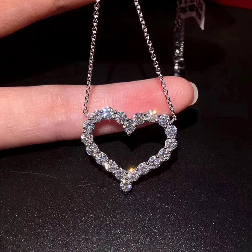 Huitan Delicate Hollow Heart Pendant Necklace Shiny Round Zircon Bridal Marriage Jewelry Versatile Statement Necklaces