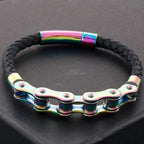 Men's Bike Motorcycle Link Chain Bracelet Man Braided Leather Cuff Bracelets Black Cowhide Weave Rider Armband Male