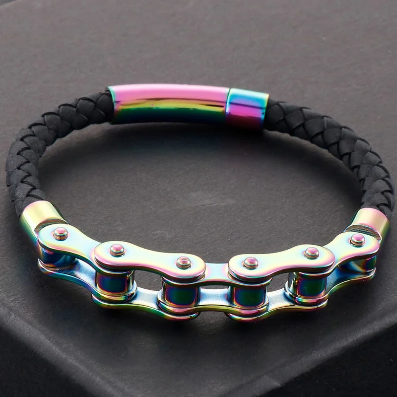 Men's Bike Motorcycle Link Chain Bracelet Man Braided Leather Cuff Bracelets Black Cowhide Weave Rider Armband Male