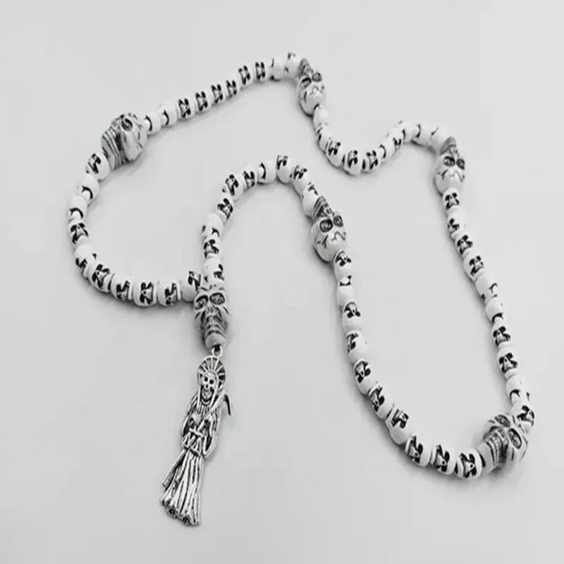 Santa Muerte Skull Rosary Necklace — Silver-Tone