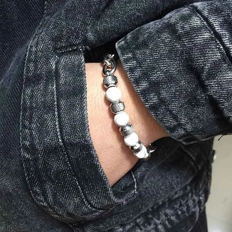 Bead and Chain Link Bracelet — Stainless Steel
