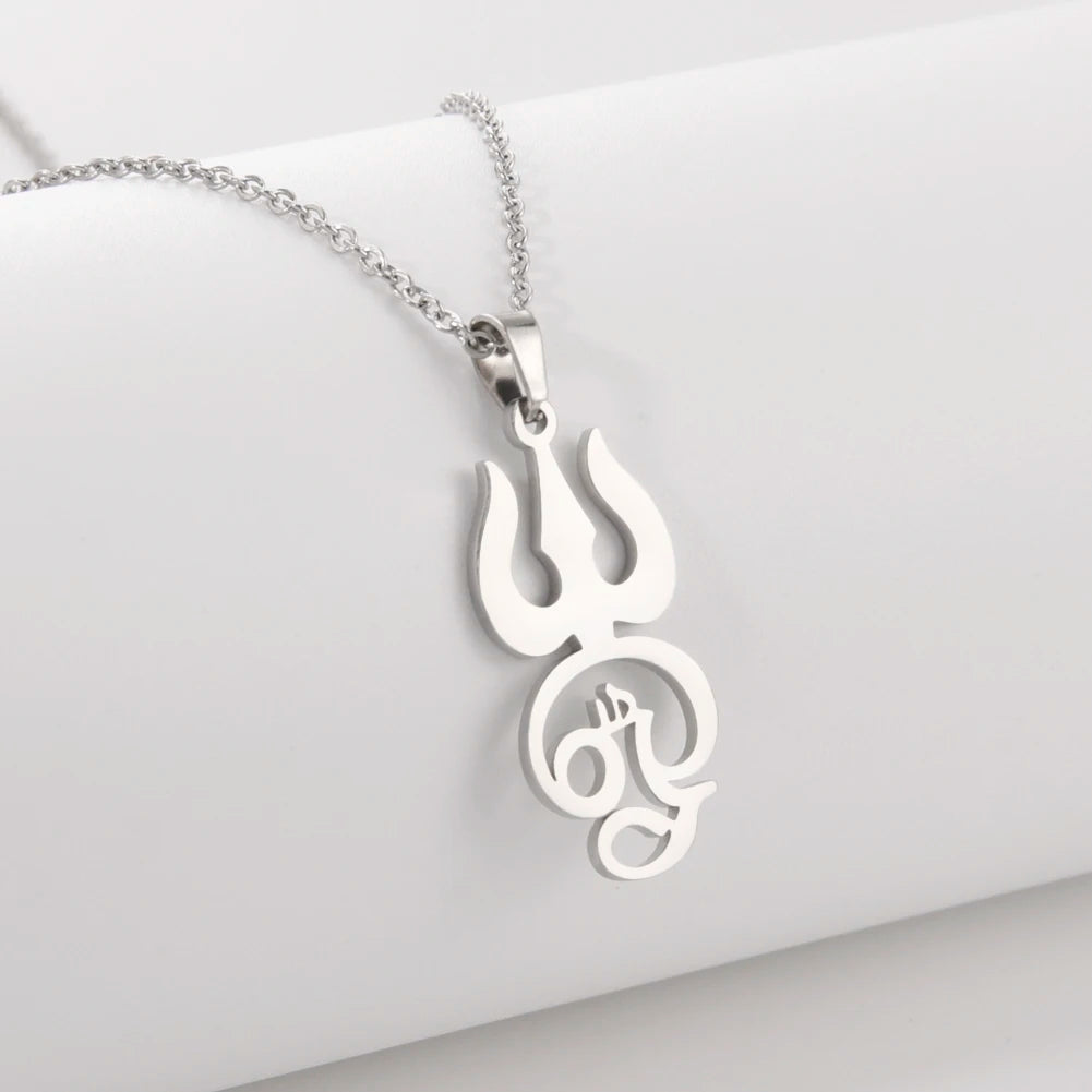 Dawapara India Tamil Om Symbol with Trident Pendant Stainless Steel Necklace Om Shiva Symbol Yoga Vintage Talisman